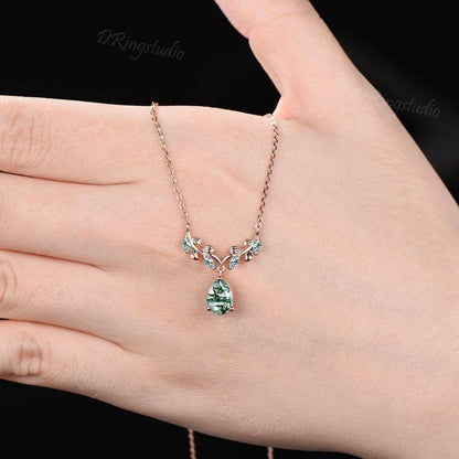 Teardrop Moss Agate Necklace Earrings Jewelry Set 14k Rose Gold Nature Inspired Leaf Necklace Branch Leaf Green Moss Drop Earrings Jewelry