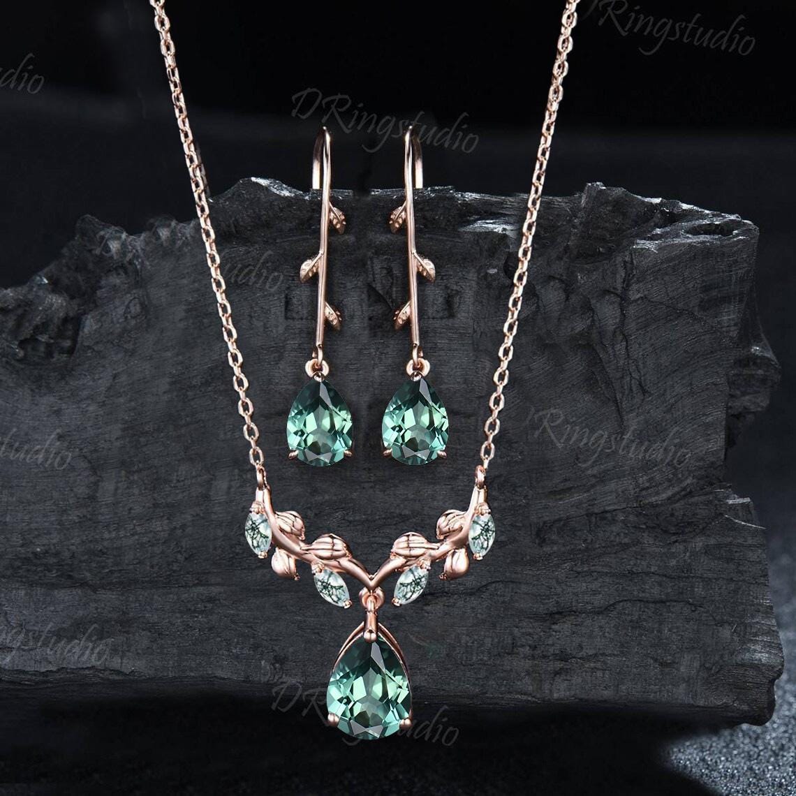 Green Sapphire Necklace Earrings Jewelry Set Nature Inspired Teardrop Teal Sapphire Pendant Rose Gold Leaf Vine Dangle Earrings Wedding Gift