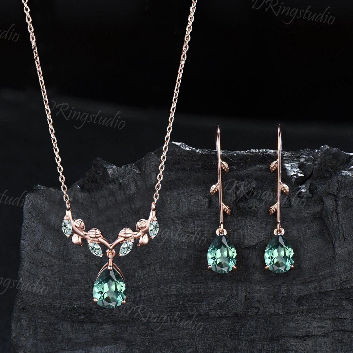 Green Sapphire Necklace Earrings Jewelry Set Nature Inspired Teardrop Teal Sapphire Pendant Rose Gold Leaf Vine Dangle Earrings Wedding Gift