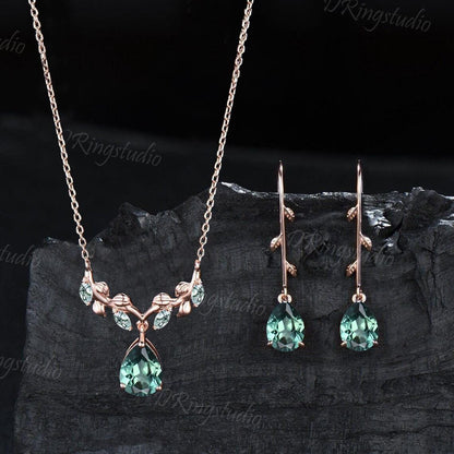 Green Sapphire Necklace Earrings Jewelry Set Nature Inspired Teardrop Teal Sapphire Pendant Rose Gold Leaf Vine Dangle Earrings Wedding Gift