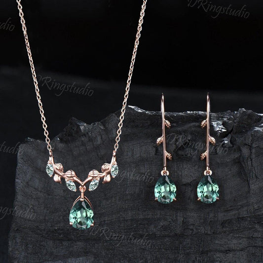 Green Sapphire Necklace Earrings Jewelry Set Nature Inspired Teardrop Teal Sapphire Pendant Rose Gold Leaf Vine Dangle Earrings Wedding Gift