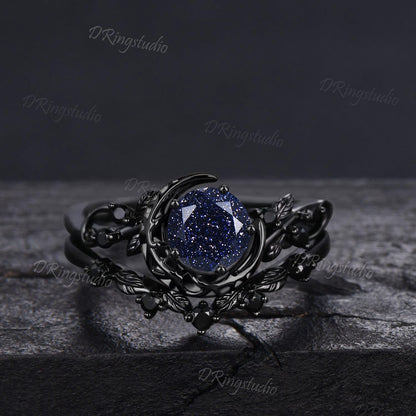 Black Gold Nebula Galaxy Ring Celestial Moon Blue Sandstone Engagement Ring Gothic Black Leaf Wedding Ring Cluster Black Spinel Promise Ring