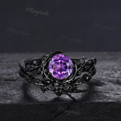 Witchy Round Natural Amethyst Engagement Ring Black Gold Moon Leaf Wedding Ring Set Cluster Black Spinel Promise Bridal Ring Proposal Gift