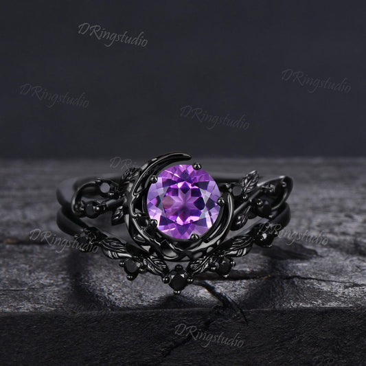 Witchy Round Natural Amethyst Engagement Ring Black Gold Moon Leaf Wedding Ring Set Cluster Black Spinel Promise Bridal Ring Proposal Gift