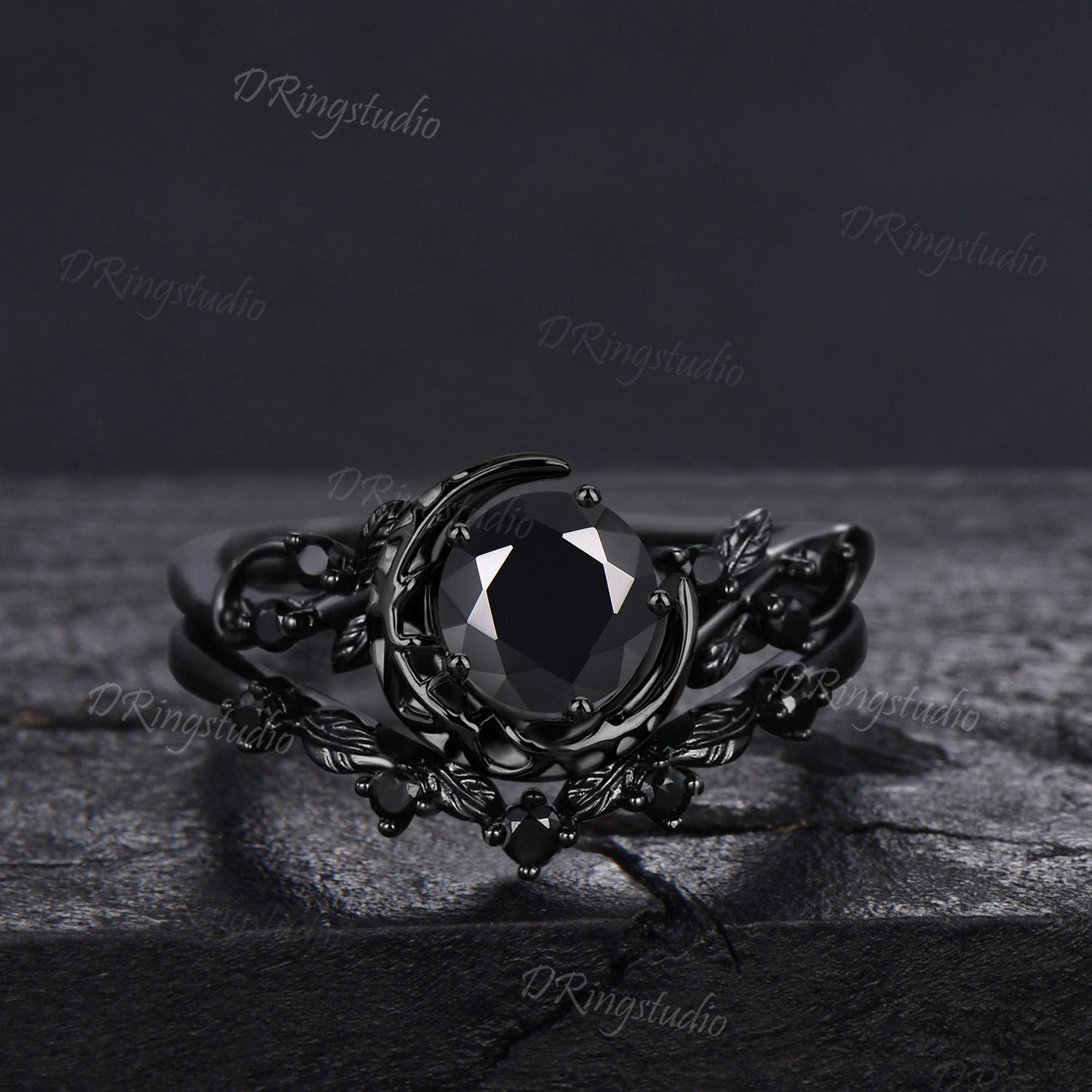 Round Cut Natural Black Onyx Engagement Ring Moon Leaf Wedding Ring Set Black Gold Nature Inspired Leaves Ring Black Spinel Ring Venom Ring