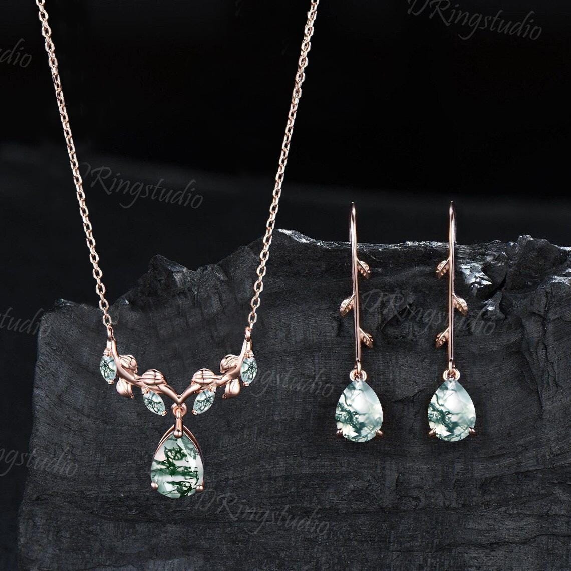 Teardrop Moss Agate Necklace Earrings Jewelry Set 14k Rose Gold Nature Inspired Leaf Necklace Branch Leaf Green Moss Drop Earrings Jewelry
