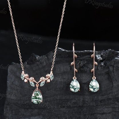Teardrop Moss Agate Necklace Earrings Jewelry Set 14k Rose Gold Nature Inspired Leaf Necklace Branch Leaf Green Moss Drop Earrings Jewelry