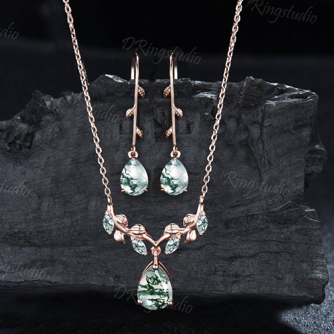 Teardrop Moss Agate Necklace Earrings Jewelry Set 14k Rose Gold Nature Inspired Leaf Necklace Branch Leaf Green Moss Drop Earrings Jewelry
