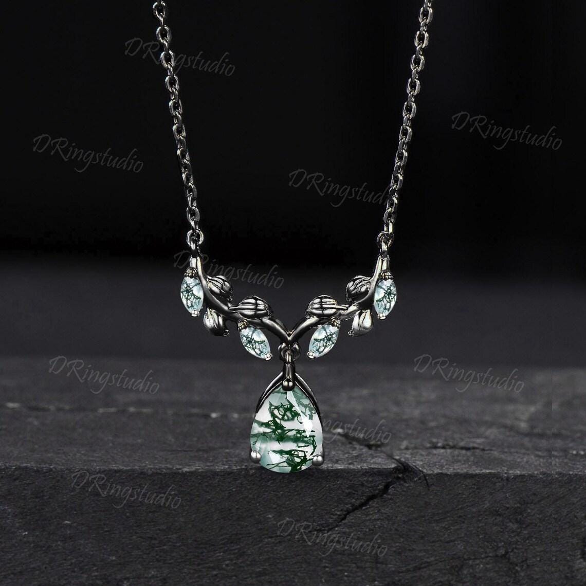 Teardrop Moss Agate Necklace Earrings Jewelry Set 14k Rose Gold Nature Inspired Leaf Necklace Branch Leaf Green Moss Drop Earrings Jewelry