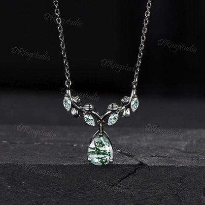 Teardrop Moss Agate Necklace Earrings Jewelry Set 14k Rose Gold Nature Inspired Leaf Necklace Branch Leaf Green Moss Drop Earrings Jewelry
