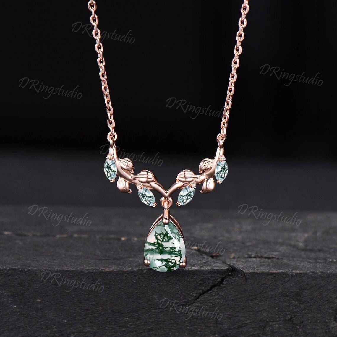 Teardrop Moss Agate Necklace Earrings Jewelry Set 14k Rose Gold Nature Inspired Leaf Necklace Branch Leaf Green Moss Drop Earrings Jewelry