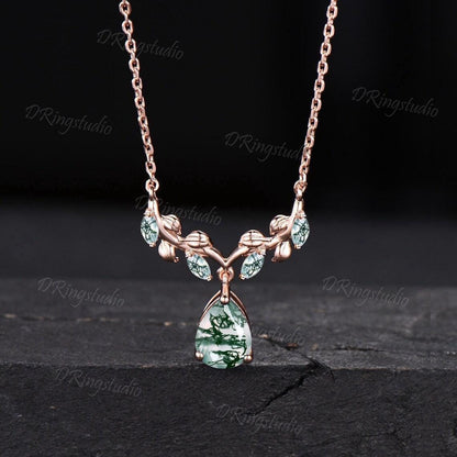 Teardrop Moss Agate Necklace Earrings Jewelry Set 14k Rose Gold Nature Inspired Leaf Necklace Branch Leaf Green Moss Drop Earrings Jewelry
