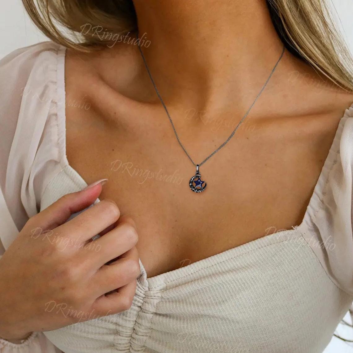 Black Moon Star Galaxy Nebula Necklace Star Shaped Blue Sandstone Pendant Necklace Black Gold Celestial Wedding Necklace Anniversary Gift