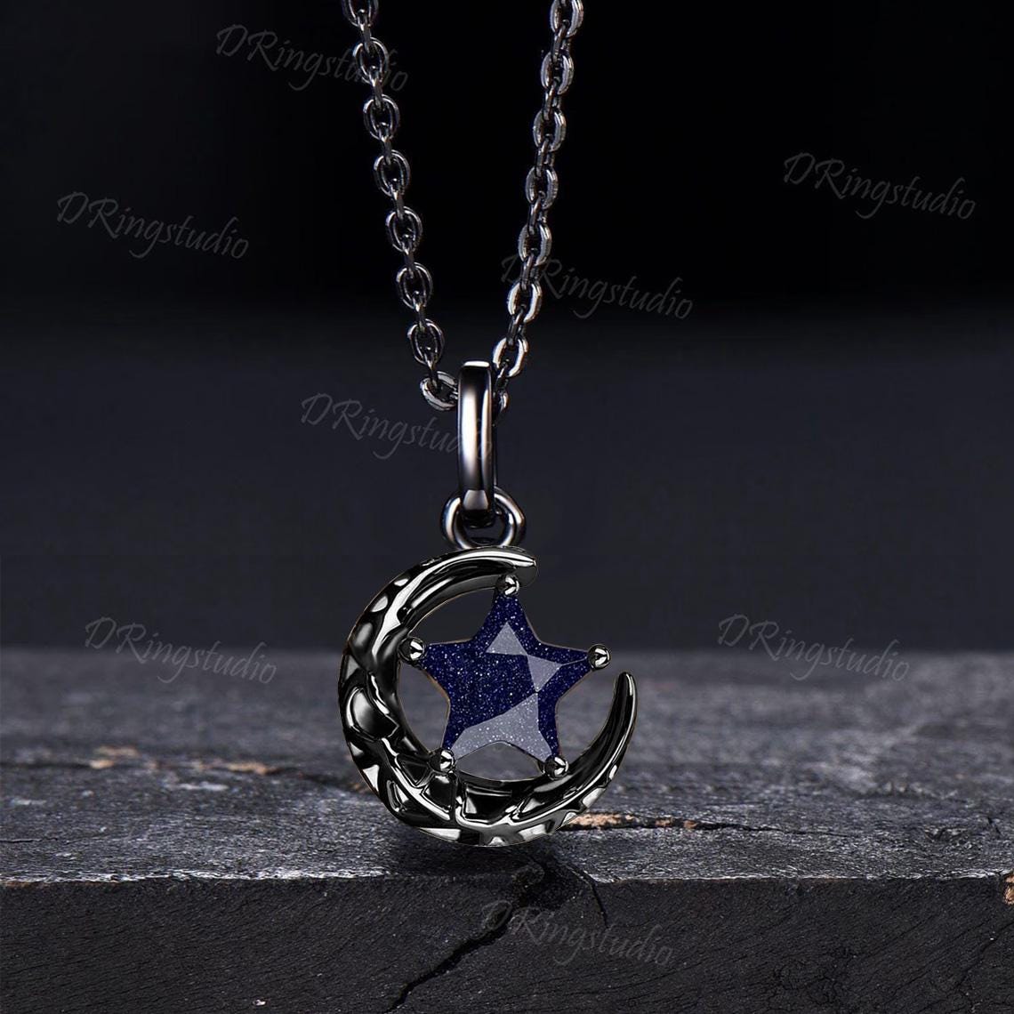 Black Moon Star Galaxy Nebula Necklace Star Shaped Blue Sandstone Pendant Necklace Black Gold Celestial Wedding Necklace Anniversary Gift