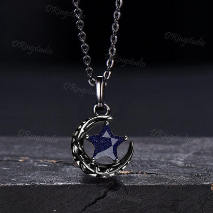 Black Moon Star Galaxy Nebula Necklace Star Shaped Blue Sandstone Pendant Necklace Black Gold Celestial Wedding Necklace Anniversary Gift