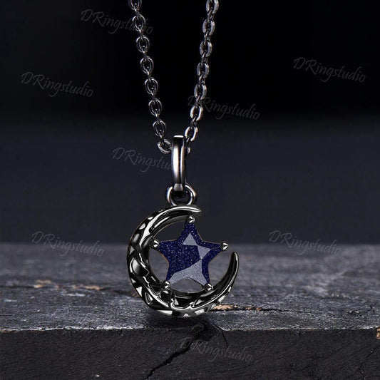Black Moon Star Galaxy Nebula Necklace Star Shaped Blue Sandstone Pendant Necklace Black Gold Celestial Wedding Necklace Anniversary Gift