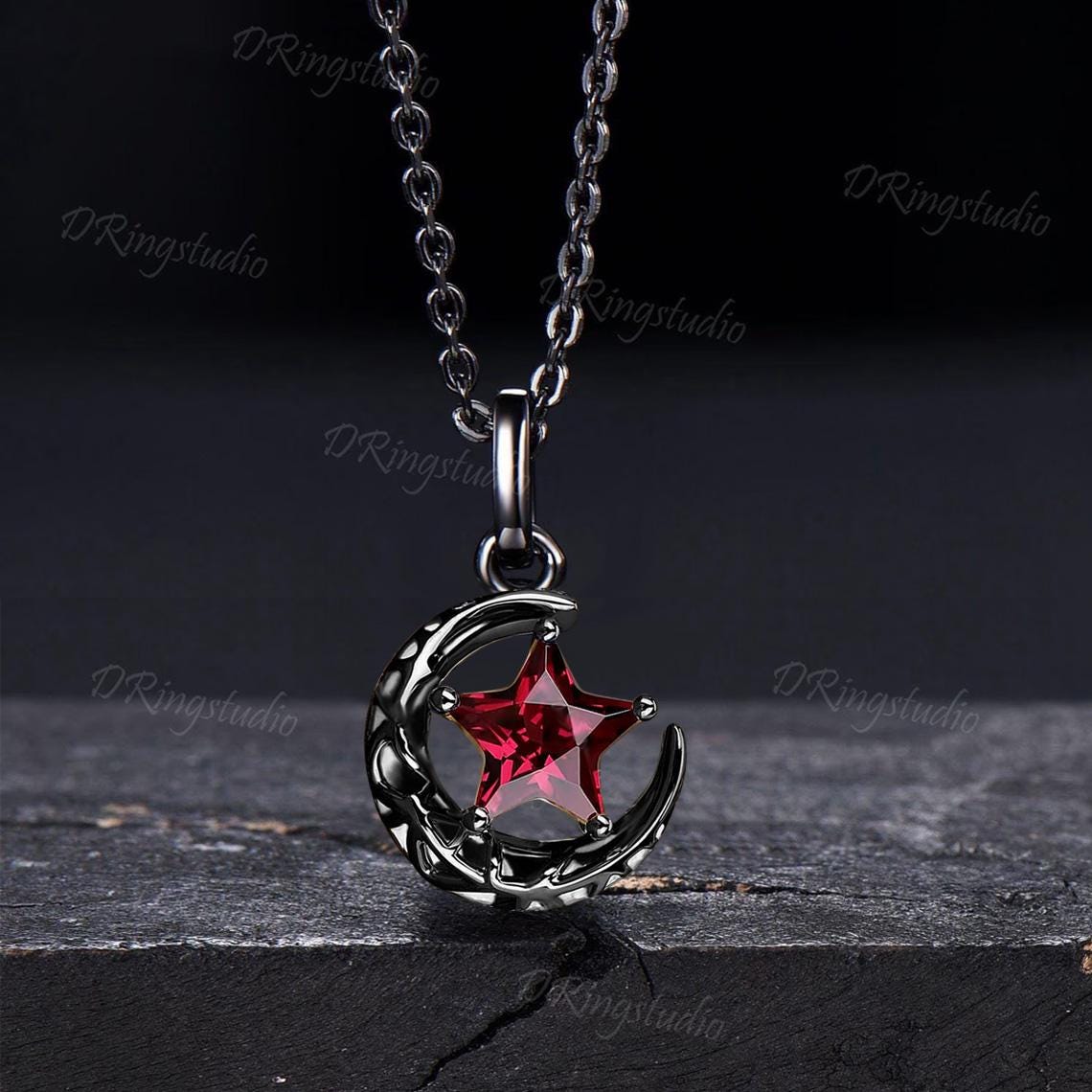 Unique Star Cut Ruby Pendant Necklace Black Gold Celestial Moon Star Necklace July Birthstone Pendant Witchy Pendant Nebula Jewelry Gift
