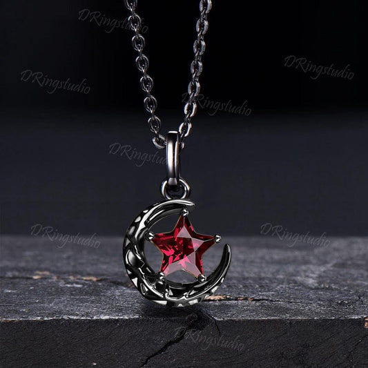 Unique Star Cut Ruby Pendant Necklace Black Gold Celestial Moon Star Necklace July Birthstone Pendant Witchy Pendant Nebula Jewelry Gift