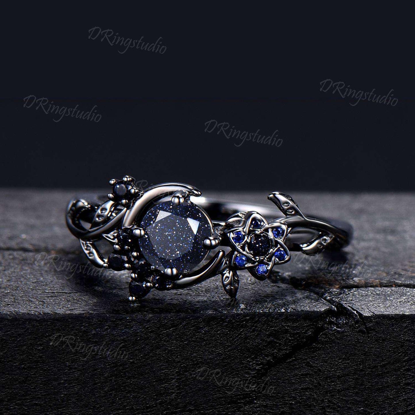 Black Gold Moon Galaxy Blue Sandstone Ring Celtic Knot Blue Goldstone Sapphire Engagement Ring Nature Inspired Black Leaf Ring Promise Ring