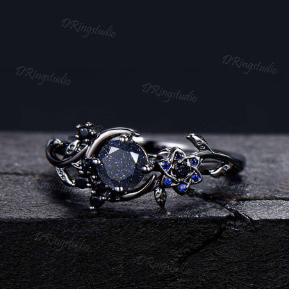 Black Gold Moon Galaxy Blue Sandstone Ring Celtic Knot Blue Goldstone Sapphire Engagement Ring Nature Inspired Black Leaf Ring Promise Ring