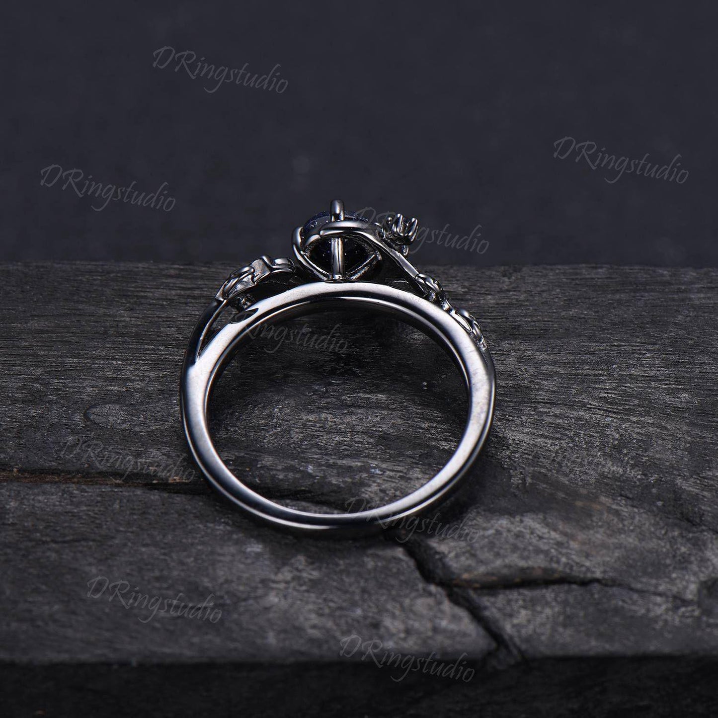 Black Gold Moon Galaxy Blue Sandstone Ring Celtic Knot Blue Goldstone Sapphire Engagement Ring Nature Inspired Black Leaf Ring Promise Ring