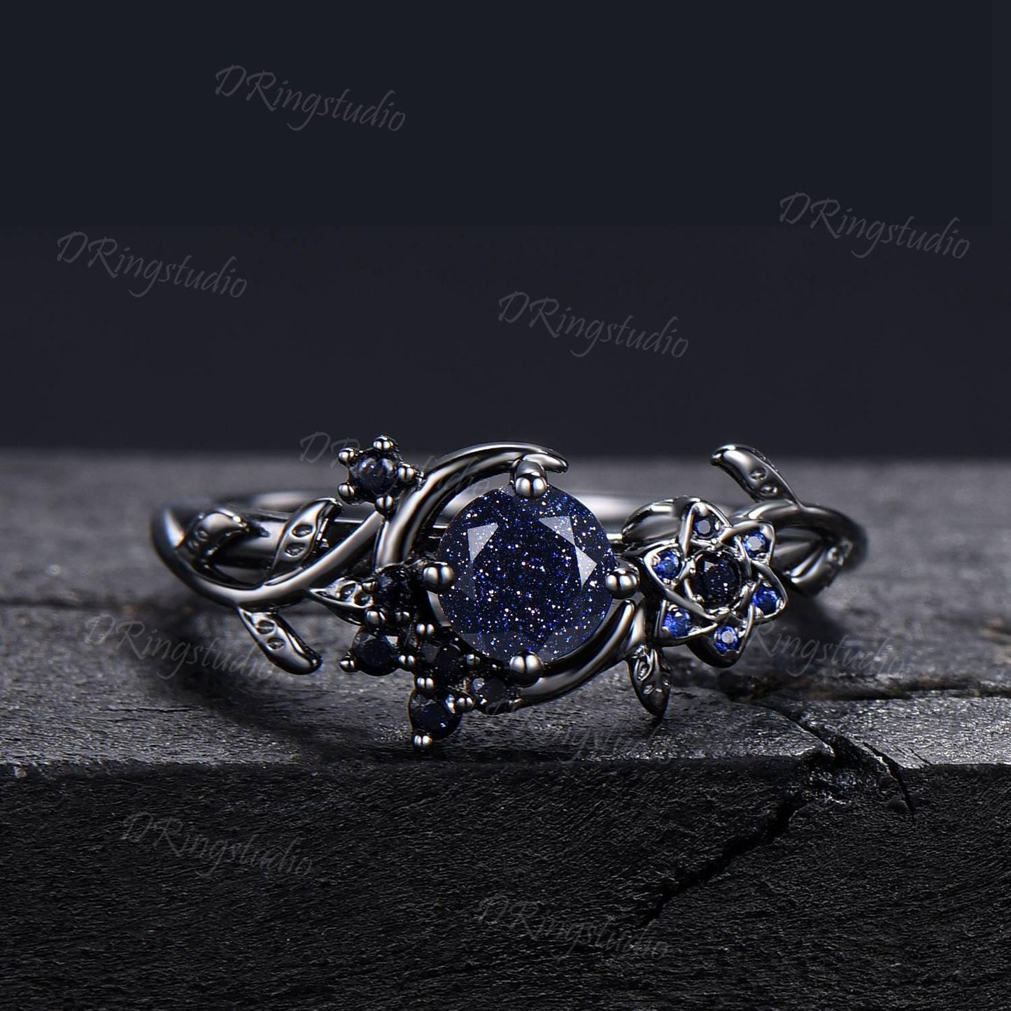Black Gold Moon Galaxy Blue Sandstone Ring Celtic Knot Blue Goldstone Sapphire Engagement Ring Nature Inspired Black Leaf Ring Promise Ring