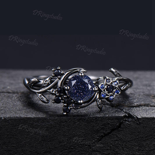 Black Gold Moon Galaxy Blue Sandstone Ring Celtic Knot Blue Goldstone Sapphire Engagement Ring Nature Inspired Black Leaf Ring Promise Ring