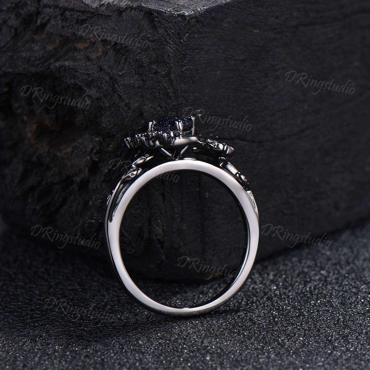 Black Gold Moon Galaxy Blue Sandstone Ring Celtic Knot Blue Goldstone Sapphire Engagement Ring Nature Inspired Black Leaf Ring Promise Ring