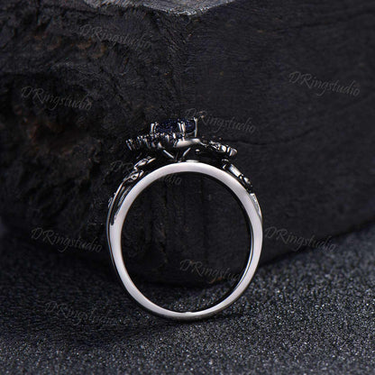 Black Gold Moon Galaxy Blue Sandstone Ring Celtic Knot Blue Goldstone Sapphire Engagement Ring Nature Inspired Black Leaf Ring Promise Ring