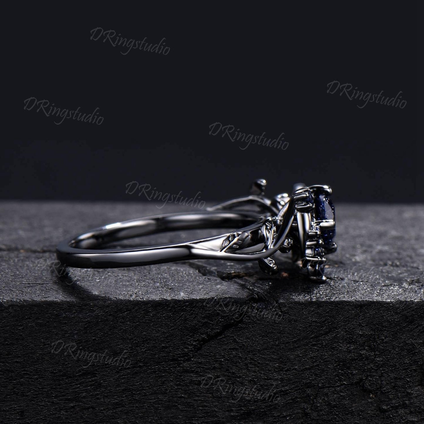 Black Gold Moon Galaxy Blue Sandstone Ring Celtic Knot Blue Goldstone Sapphire Engagement Ring Nature Inspired Black Leaf Ring Promise Ring