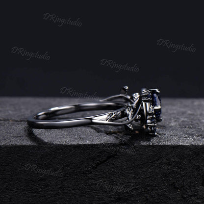Black Gold Moon Galaxy Blue Sandstone Ring Celtic Knot Blue Goldstone Sapphire Engagement Ring Nature Inspired Black Leaf Ring Promise Ring