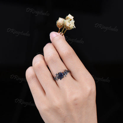 Black Gold Moon Galaxy Blue Sandstone Ring Celtic Knot Blue Goldstone Sapphire Engagement Ring Nature Inspired Black Leaf Ring Promise Ring