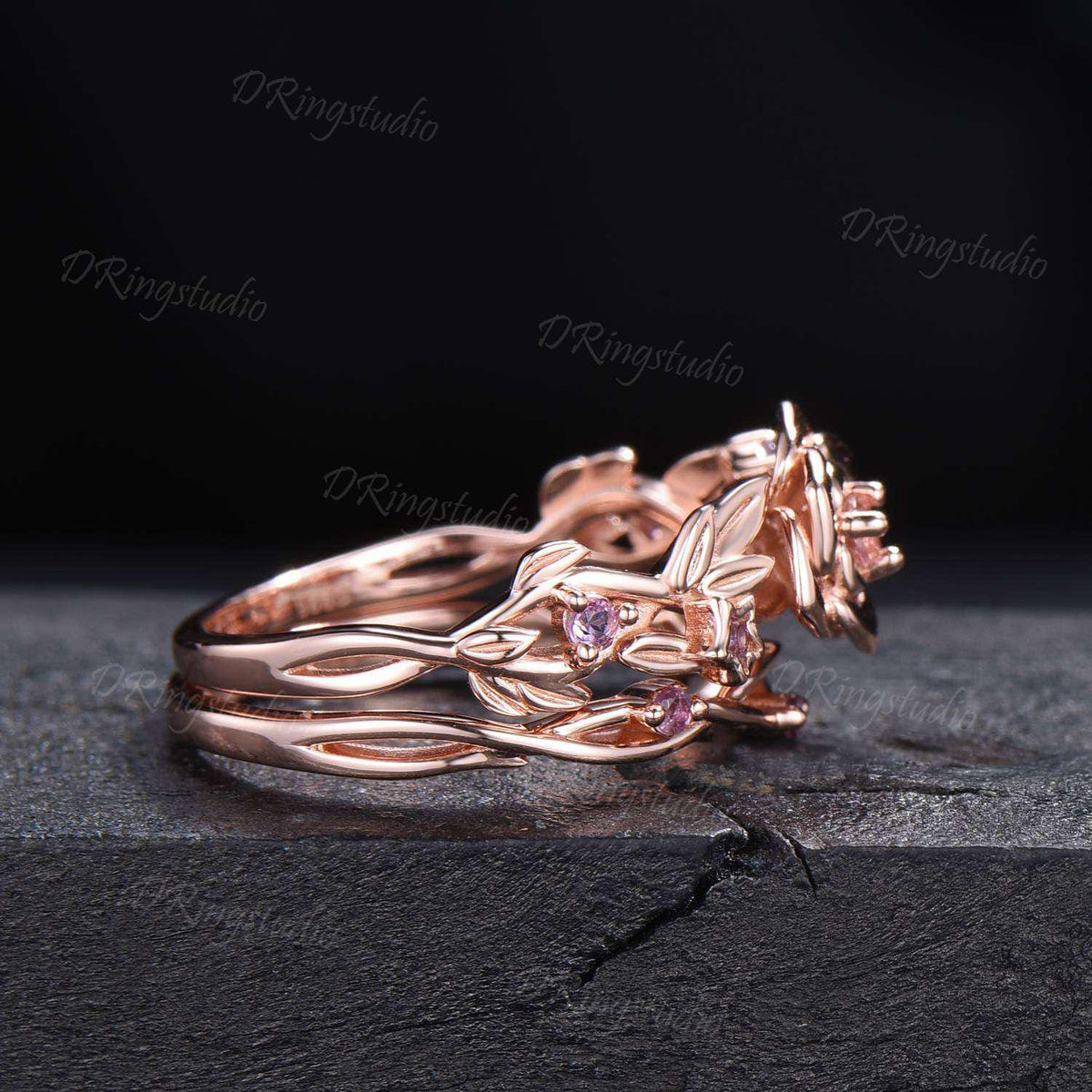 Flower Inspired Round Pink Tourmaline Engagement Ring Set 14k Rose Gold Amethyst Floral Wedding Ring Branch Leaf Bridal Set Anniversary Gift