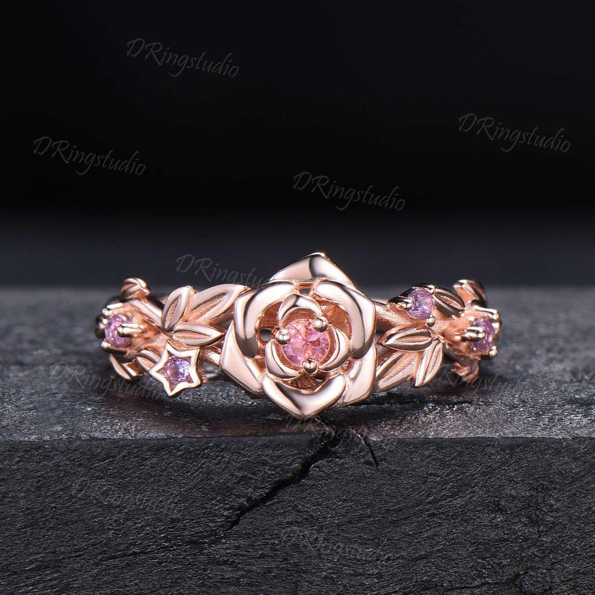 Flower Inspired Round Pink Tourmaline Engagement Ring Set 14k Rose Gold Amethyst Floral Wedding Ring Branch Leaf Bridal Set Anniversary Gift
