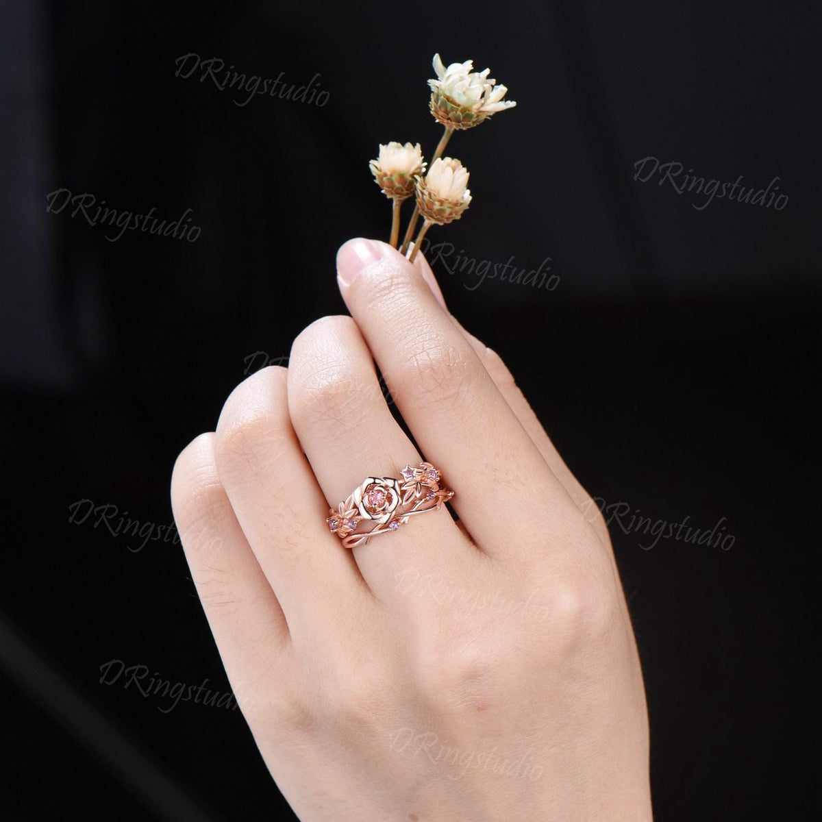 Flower Inspired Round Pink Tourmaline Engagement Ring Set 14k Rose Gold Amethyst Floral Wedding Ring Branch Leaf Bridal Set Anniversary Gift