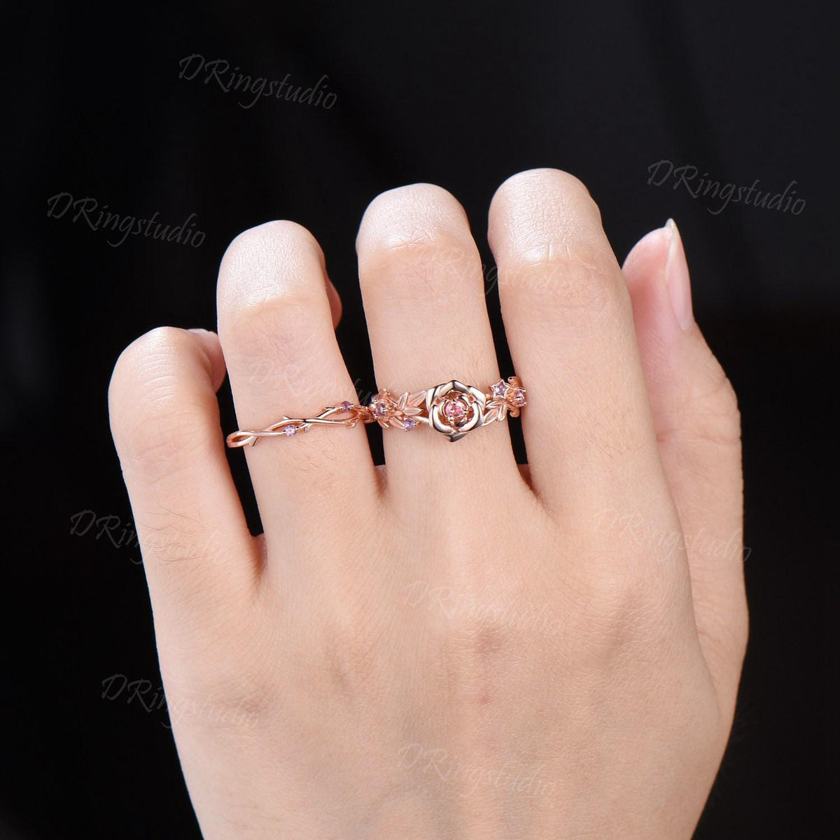 Flower Inspired Round Pink Tourmaline Engagement Ring Set 14k Rose Gold Amethyst Floral Wedding Ring Branch Leaf Bridal Set Anniversary Gift