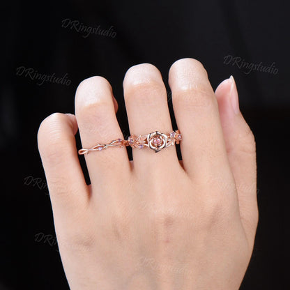 Flower Inspired Round Pink Tourmaline Engagement Ring Set 14k Rose Gold Amethyst Floral Wedding Ring Branch Leaf Bridal Set Anniversary Gift
