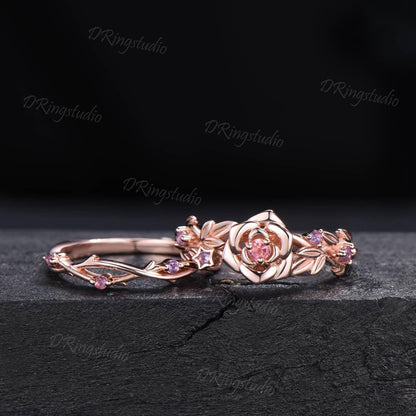 Flower Inspired Round Pink Tourmaline Engagement Ring Set 14k Rose Gold Amethyst Floral Wedding Ring Branch Leaf Bridal Set Anniversary Gift
