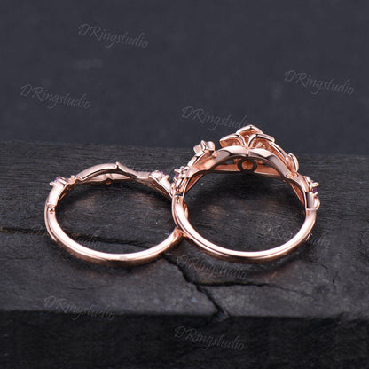 Flower Inspired Round Pink Tourmaline Engagement Ring Set 14k Rose Gold Amethyst Floral Wedding Ring Branch Leaf Bridal Set Anniversary Gift