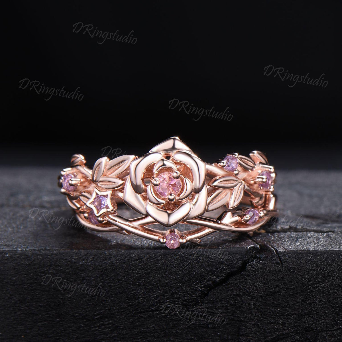 Flower Inspired Round Pink Tourmaline Engagement Ring Set 14k Rose Gold Amethyst Floral Wedding Ring Branch Leaf Bridal Set Anniversary Gift
