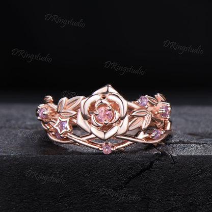 Flower Inspired Round Pink Tourmaline Engagement Ring Set 14k Rose Gold Amethyst Floral Wedding Ring Branch Leaf Bridal Set Anniversary Gift