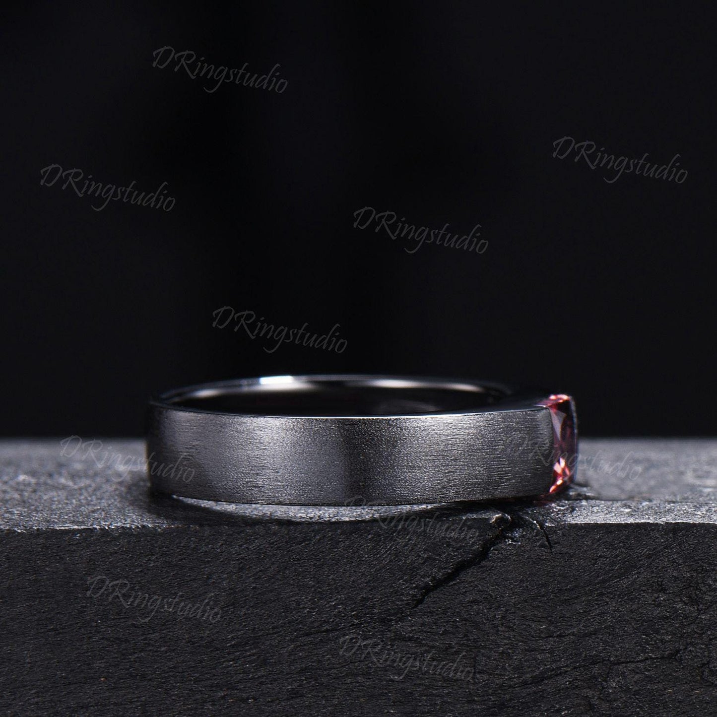 5mm Princess Cut Natural Pink Tourmaline Mens Wedding Band Black Gold Matte Finish Mens Ring October Birthstone Solitaire Band Proposal Gift