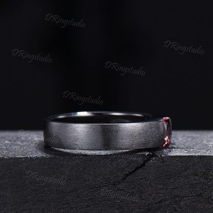 5mm Princess Cut Natural Pink Tourmaline Mens Wedding Band Black Gold Matte Finish Mens Ring October Birthstone Solitaire Band Proposal Gift