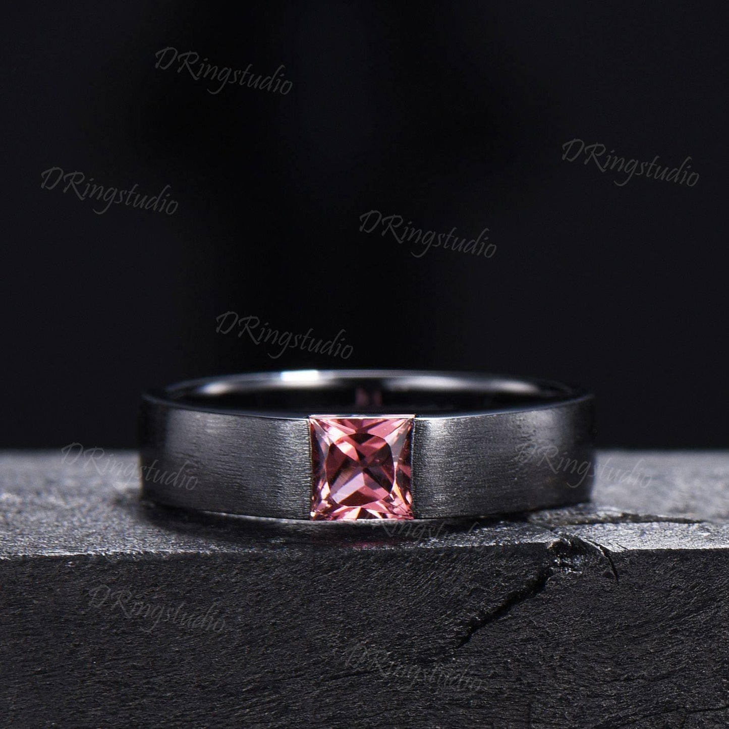 5mm Princess Cut Natural Pink Tourmaline Mens Wedding Band Black Gold Matte Finish Mens Ring October Birthstone Solitaire Band Proposal Gift