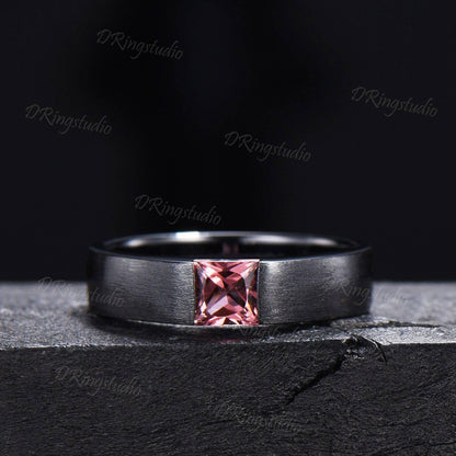 5mm Princess Cut Natural Pink Tourmaline Mens Wedding Band Black Gold Matte Finish Mens Ring October Birthstone Solitaire Band Proposal Gift