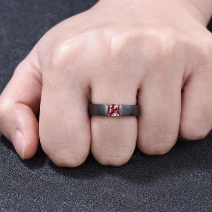 5mm Princess Cut Natural Pink Tourmaline Mens Wedding Band Black Gold Matte Finish Mens Ring October Birthstone Solitaire Band Proposal Gift
