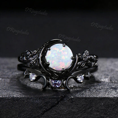 1ct Round Cut White Opal Crescent Moon Engagement Ring Black Gold Branch Leaf Alexandrite October Birthstone Opal Bridal Set Proposal Gift