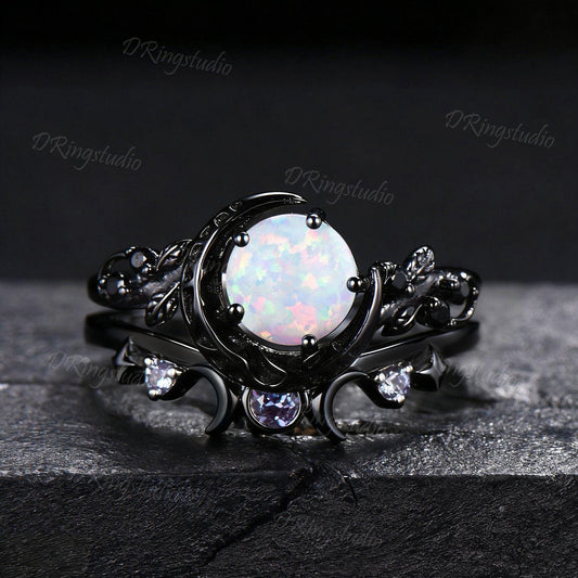 1ct Round Cut White Opal Crescent Moon Engagement Ring Black Gold Branch Leaf Alexandrite October Birthstone Opal Bridal Set Proposal Gift