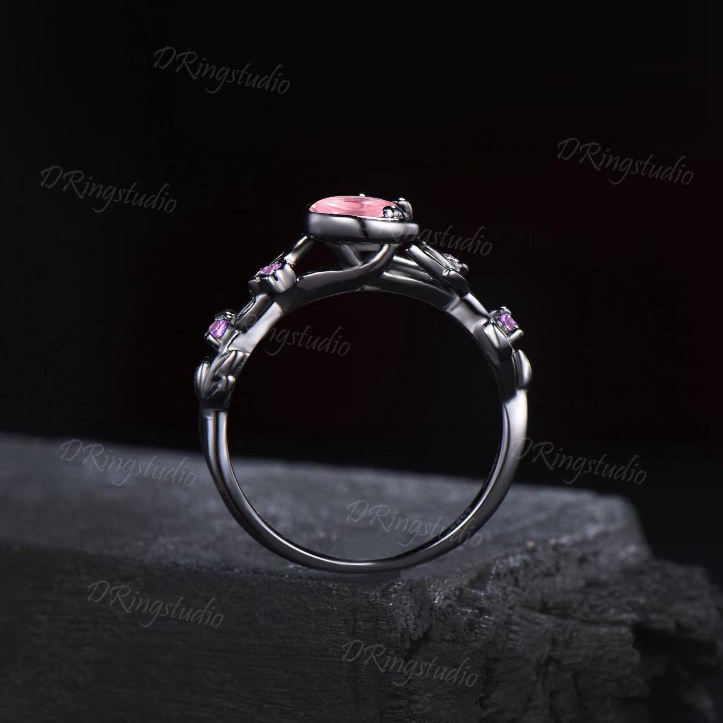 5mm Round Padparadscha Nature Inspired Engagement Ring Black Gold Crescent Moon Wedding Ring Clutser Amethyst Promise Ring Proposal Gift