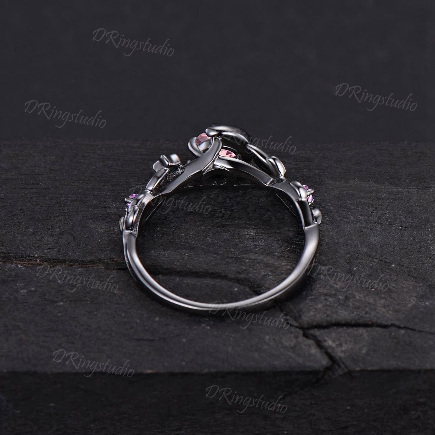 5mm Round Padparadscha Nature Inspired Engagement Ring Black Gold Crescent Moon Wedding Ring Clutser Amethyst Promise Ring Proposal Gift